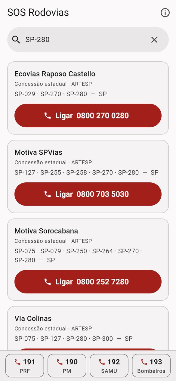 Busca por SP-280 com as concessionárias estaduais da rodovia e o botão de ligar