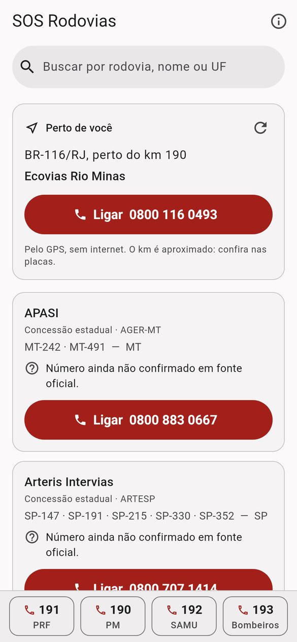 Cartão Perto de você: BR-116/RJ, perto do km 190, Ecovias Rio Minas e o botão Ligar 0800 116 0493
